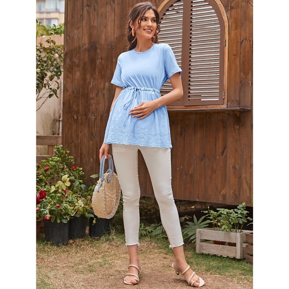 Maternity Drawstring Eyelet Embroidered short sleeve Tee blue - Picture 5 of 11